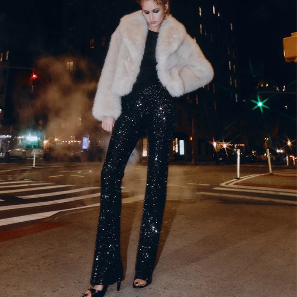 Zara Sequin Flare Pants / Leggings - Black - Picture 2 of 12